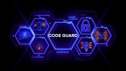 Code Guard software security concept with glowing neon hexagons and icons on dark background programming