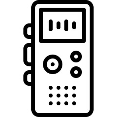 A black outline icon of a portable digital audio recorder with buttons and a screen display against a transparent background representing recording and sound capture technology