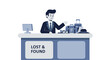 © Inisini - Man at Lost and Found counter with unclaimed luggage illustration