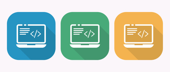 Software Development App Icon With Angle Brackets Blue Green Gold Laptop Long Shadow Design