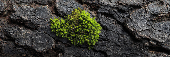 Vibrant green moss symbolizing hopeful new life and growth. closeup macro showing detailed texture of dark tree bark, beautiful contrast found in nature wood