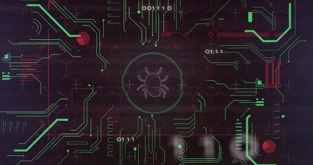 Wall Mural - Displaying bug icon in circle on dashboard, showing binary digits neon-green and red circuit traces