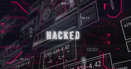 Wall Mural - Displaying HACKED centered on interface, with code panels binary digits and magenta circuit traces