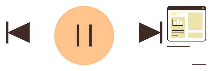 Media control buttons including play, pause, and rewind, paired with a webpage screen. Ideal for media navigation, technology, user interface, web design, control system interaction simple flat