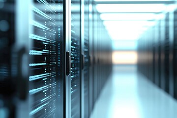 Wall Mural - Modern AI data center corridor with soft lighting and blurred depth, ideal for IT infrastructure, cloud computing visuals, and futuristic technology concepts
