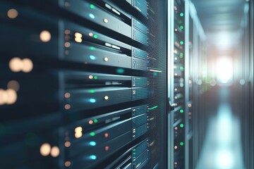 Wall Mural - Futuristic AI data center corridor with detailed server racks and warm lighting reflections, ideal for IT infrastructure visuals, cloud computing, and technology presentations