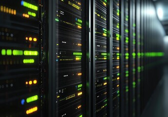 Wall Mural - Futuristic data center corridor with glowing server racks and colorful indicator lights, ideal for IT infrastructure, cloud computing, and AI technology visuals