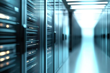 Wall Mural - Futuristic AI data center corridor with reflective glass server racks and soft blue lighting, ideal for IT infrastructure, cloud computing, and technology concept visuals
