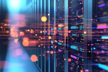 Wall Mural - Futuristic AI data center corridor with dynamic light trails and colorful server racks, ideal for IT infrastructure, cloud computing visuals, and digital technology designs