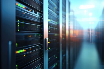 Wall Mural - Futuristic AI data center with glowing green indicators and ambient blue lighting, perfect for IT infrastructure, cloud computing visuals, and technology presentations