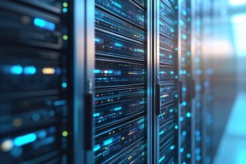 Wall Mural - Futuristic AI data center with rows of illuminated blue servers, ideal for IT infrastructure, cloud computing, and advanced technology presentation visuals