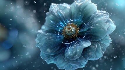 Macro View of a Luminescent Blue Flower With Intricate Geometric Patterns and Water Droplets