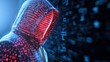 © JK_kyoto - Cybersecurity concept. Mysterious figure in a hoodie illuminated by binary code against a dark digital background showcasing cybersecurity and technology themes