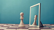 © Chiam - Pawn looking in the mirror seeing queen concept. A chess pawn reflected in a mirror on a stylish chessboard.