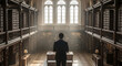 © DhanaStudio - Man in suit standing in historical library with tall windows and wooden shelves
