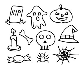 Sticker - Doodle Halloween Icons Collection: Hand Drawn Gravestone, Ghost, and Skull Outline Set