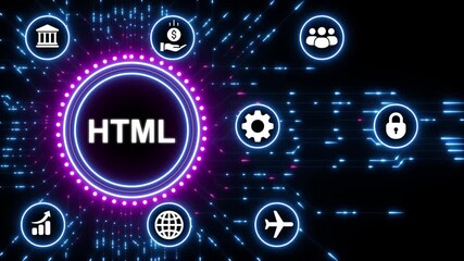 Digital network with HTML acronym in glowing neon circle and surrounding icons Keywords: HTML, web development, coding, programming, digital, network