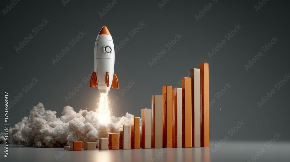 Dynamic 3D render of rocket taking off over rising bar graphs ...