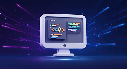 Software development on a computer screen, modern digital design with colorful code, perfect for tech company branding, futuristic background, innovative technology concept, and modern apps