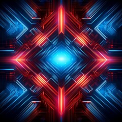 Wall Mural - A vibrant abstract symmetry. Geometric patterns of red, blue, and lines create an electronic grid-like design radiating light. Hints of futuristic technology and digital art in this symmetric visual.
