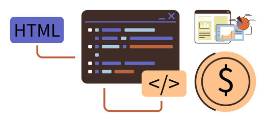 Programming code window, HTML tag, financial symbol, data chart, and web display. Ideal for web development, coding, finance, analytics technology business strategy simple flat metaphor