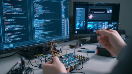 Tech Savvy: A programmer's hands navigate the intricate landscape of coding, meticulously assembling a circuit board as digital data flows on the monitor.