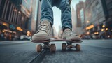 Skateboarder riding down a city street