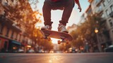 Skateboarder performing a trick on a city street at sunset
