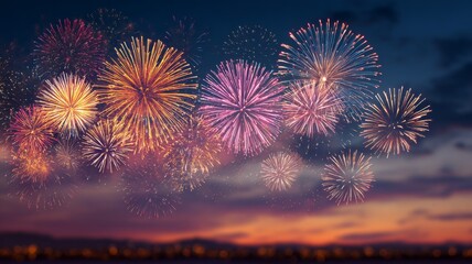 Brightly colored fireworks exploding in the twilight sky over a festive holiday celebration, creating a vibrant christmas party atmosphere