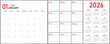 © CSE20 - 2026 Calendar Planner | Vector annual or monthly page layout for wall, desk calendar with week starts on Sunday | Modern calendar with red & black font colour