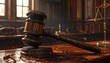 © Aldi - The wooden gavel lies on a polished mahogany table within a courtroom setting, showcasing legal proceedings and the symbolism of law and order, while the warm, rich tones convey authority and...