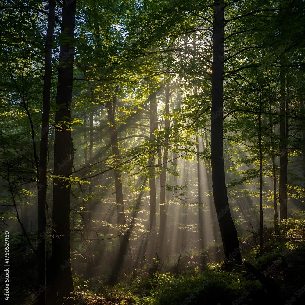 Magical morning sunlight streaming through dense forest trees, creating ...