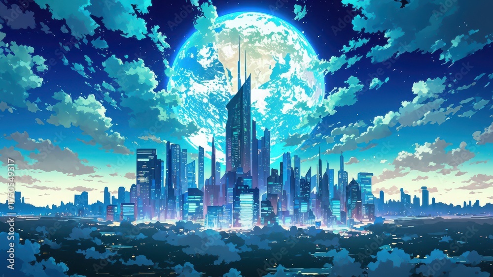 巨大な月と近未来都市の夜景イラスト SF背景素材 Stock Illustration