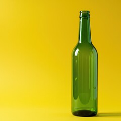 Wall Mural - Simple, clean studio shot of a tall green glass bottle, perfectly centered, on a bright, sunny yellow backdrop for striking visual impact ,organic ,art ,pop