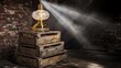 © AnImagine - Antique Golden Lamp Illuminated on Stacked Wooden Crates