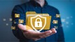 © Graphics_Bazaar - Data Protection Man Holding Folder Icon with Shield and Padlock for Cybersecurity and Privacy