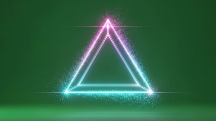 Wall Mural - Glowing Neon Triangle with Sparkling Particles on Green Background