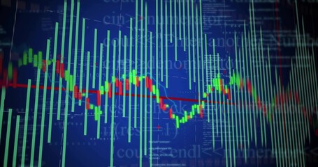 Wall Mural - Candlestick chart displaying market trends in trading screen, with red line, code and data overlays