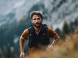 © SolaruS - Determined male trail runner in nature. Athletic man training for an endurance race in mountains. Illustrates fitness, health, determination, and adventure.