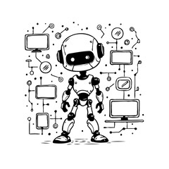 Whimsical robot navigating complex data networks illustration a blend of technology with playful