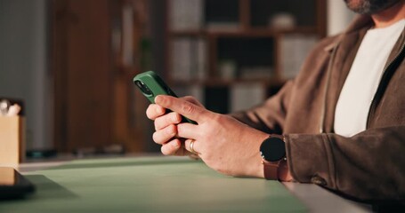 Texting, online and hands with smartphone, office and employee on break with tech and communication. Typing, message and person with mobile app for chat on social media, networking and info on web