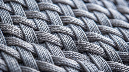 Closeup macro shot of a gray woven fabric texture, showing the intricate pattern of interlaced threads and fibers, creating a detailed background