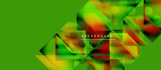 Wall Mural - Bright green backdrop features geometric shapes, vibrant colors, blurred lights. Modern design elements create dynamic visual effect.