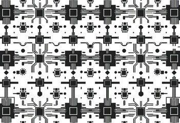 Wall Mural - Monochrome geometric seamless patterns featuring microchip and circuit board elements ,  illustration,  lines