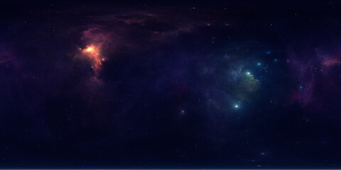 Wall Mural - 360 degree space nebula. Giant interstellar cloud with stars, equirectangular projection, environment map. Spherical panorama. 3D rendering, Fractal image
