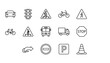 © Chlare - Traffic icons vector line art set. Road safety signs collection. Car, bus, truck, bicycle transport symbols. Pedestrian crossing, stop, parking, traffic light outline pictograms.