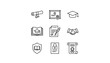 © Valentina - Certificate and graduation line icon set. Education and achievement symbols. Diploma scroll, award, degree, academic cap, handshake, secure document, learning and knowledge concepts.