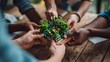 © Anastasiia - A group of people collaborates to assemble a miniature eco-friendly building model with rooftop gardens and trees on a wooden base. Concept Collaborative eco-friendly building model with rooftop gard
