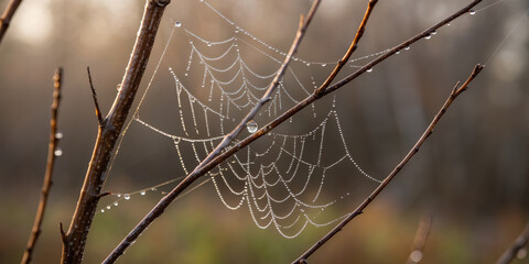 Delicate spiderweb with morning dew shows nature fragile beauty. negative effect of deforestation on our climate threatens these serene moments in wild
