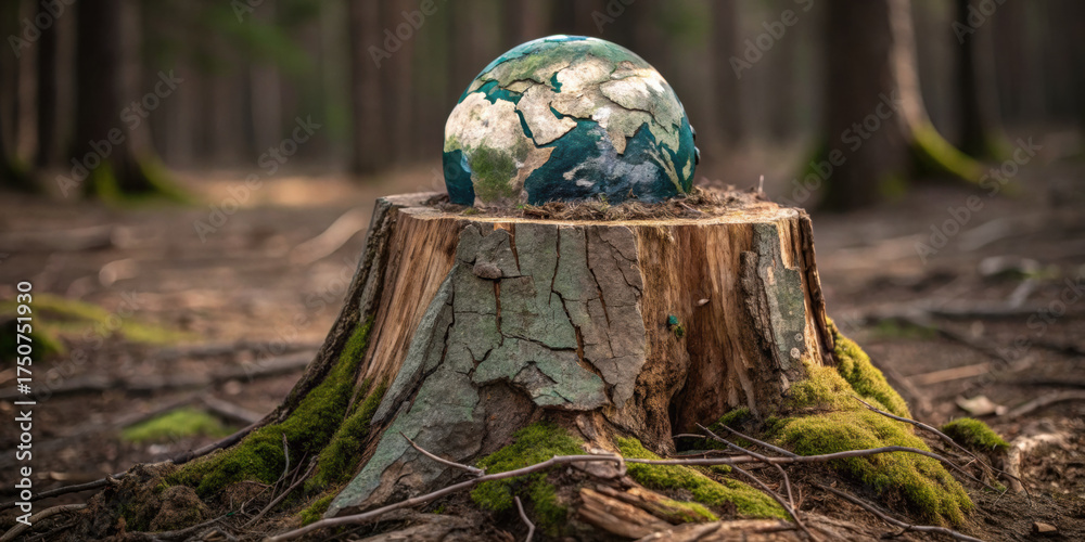 Fragile earth globe on tree stump in forest. sad representation of ...